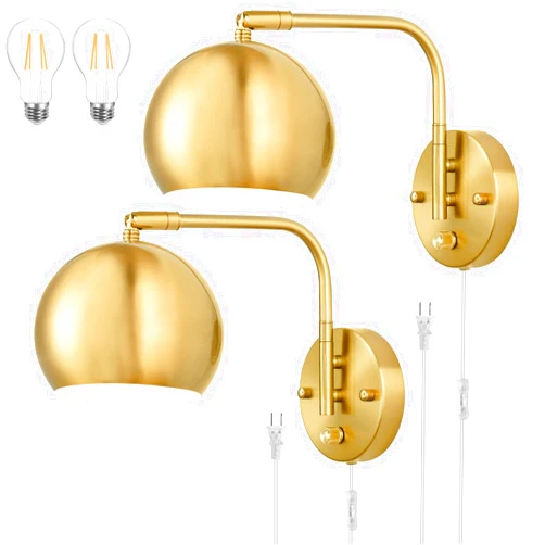 VATONI Wall Sconces Plug in, Dimmable Wall Sconce Swing Arm Wall Lights with Plug in Cord and Dimmer On/Off Knob Switch, Brushed Brass Globe Wall Light for Bedroom Bedside Hallway(2 Bulbs Included)