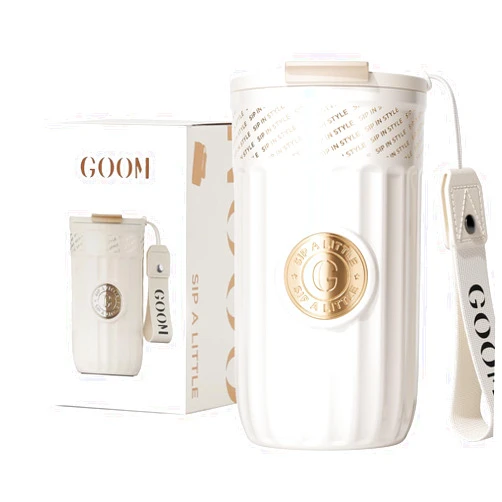 GOOM The Emblem Travel Coffee Tumbler with Lid and Straw, Insulated To Go Coffee Mug with Flip Straw, 18/10 Stainless Steel, 7-Layer Insulation, 17oz, Leap Proof, Spill Proof - White