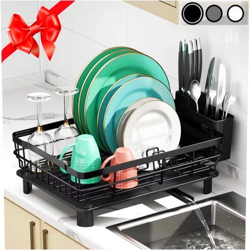 MOUKABAL Dish Drying Rack, Dish Rack, Stainless Steel Dish Racks for Kitchen Counter, Dish Drainer with Removable Utensil Holder, Drainboard and Swivel Spout(Black)