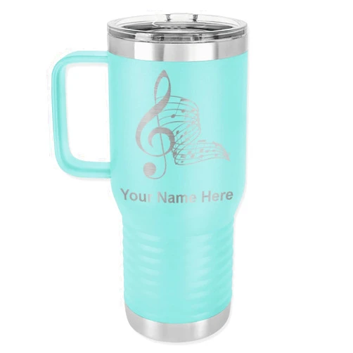 LaserGram 20oz Vacuum Insulated Travel Mug with Handle, Musical Notes, Personalized Engraving Included (Teal)