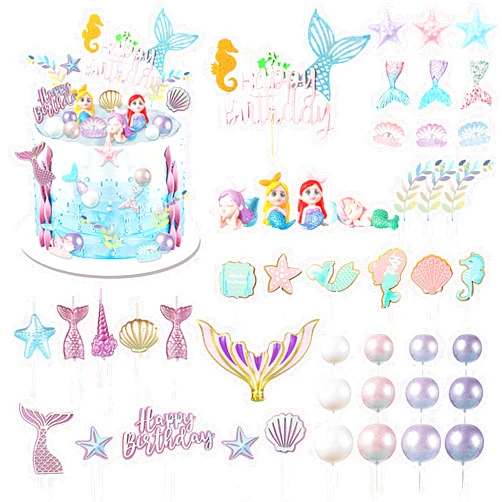 Tallew 42 Pcs Mermaid Cake Topper Under the Sea Cake Decoration Mermaid Doll Cake Topper Starfish Shell Mermaid Tail Seaweed Leaves Mermaid Cupcake Picks Candle for Birthday Baby Shower Party Supplies