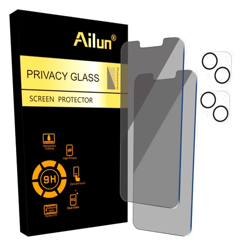 Ailun 2 Pack Privacy Screen Protector for iPhone 14[6.1 inch] + 2 Pack Camera Lens Protector, Anti Spy Private Tempered Glass Film, Case Friendly, [9H Hardness] - HD [Black]