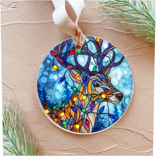 Fastpeace Reindeer Acrylic Ornament - Stained Glass Style Reindeer Ornament Decoration Hanging for Family (Reindeer Acrylic)