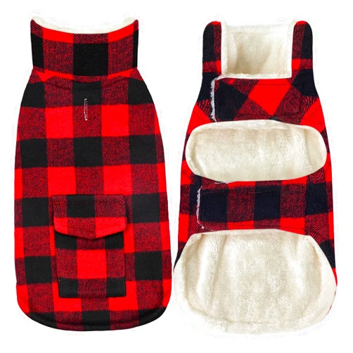 Malier Dog Winter Coat, Classic Plaid Fleece Dog Cold Weather Coats Dog Jacket with Pocket, Windprood Warm Dog Coat Vest Winter Pet Clothes Apparel for Small Medium Large Dogs (Red, Small)