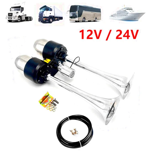 Viping Car Horn Ship Horn Prolong the sound Air Horn Zinc chrom Double Silver Speaker Truck Horn Electric horn Loud with Stainless steel 304 Air Tank Suitable for 24V 12V car yacht RV Train boat etc Sustain 2-horn