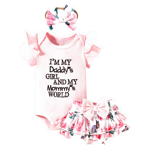 HIHA Infant Baby Girl Summer Clothes Letter Print Bodysuit Floral Shorts Outfit with Headband