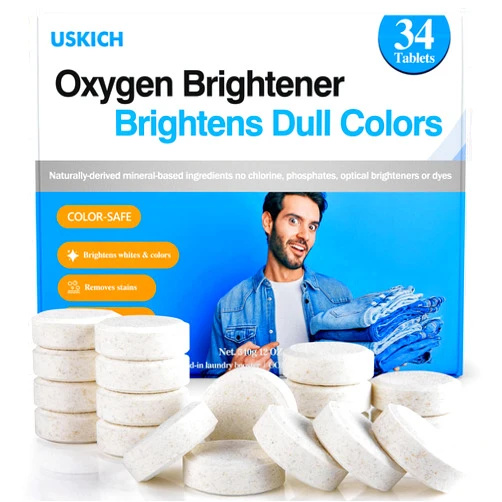 USKICH Brightener Stain Remover,34 Pack Bleach Alternative Pods,Natural Oxygen Brightener,Chlorine Free & Safe Bleach Tablets for Laundry,Laundry Whitener to Brighten Colors,Removes Stains,Neutralizes Odors