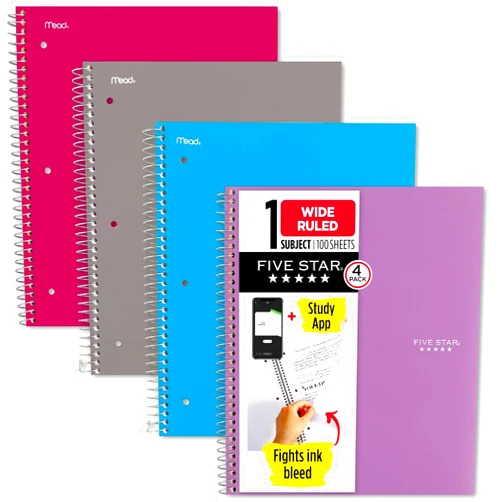 Five Star Spiral Notebooks + Study App, 4 Pack, 1 Subject, Wide Ruled Paper, 10-1/2