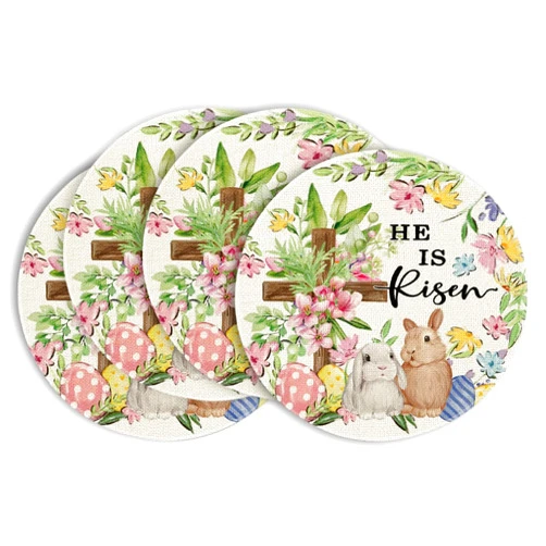 Artoid Mode Bunny Rabbits Flower Colorful Eggs Easter Placemats Set of 4, 14 Inch Round Spring Holiday Table Mats for Party Kitchen Dining Decoration