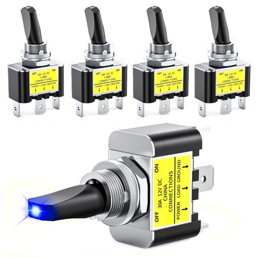 Nilight 5PCS LED Toggle Switch ON Off 12V 30A Blue LED Lighted Metal Switch Heavy Duty SPST 3 Pin Rocker Switch 12mm Mounting Hole for Automotive Cars Trucks Boats Racing Cars,2 Years Warranty