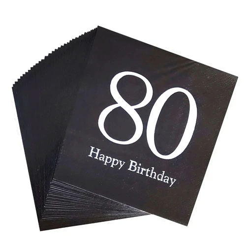 AAAMN 40pcs Black and Silver 80th Birthday Disposable Paper Napkins 80th Birthday Celebration Party Decoration Napkin
