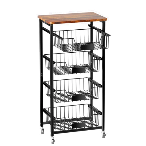 OKZEST Fruit Basket, 5-Tier Utility Kitchen Organizer and Storage Cart with Pull-Out Baskets and Wood Top, Rolling Pantry Kitchen Cart on Wheels for Fruit Potato Onion Vegetable Snack Produce