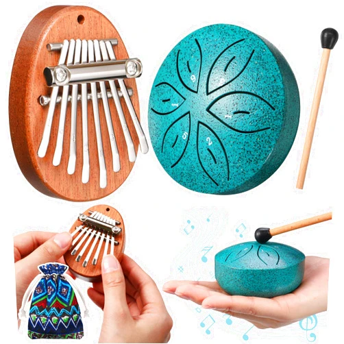 Maasechs 2 Pcs Mini Musical Instruments Mini Kalimba and Rain Drum with Drumstick 8 Keys Finger Thumb Piano and 6 Notes Steel Drum for Gift Adult Beginners(Dark Green)