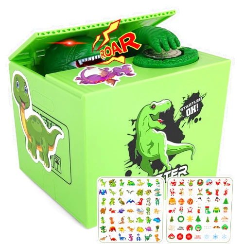 BBGISHO Piggy Bank for Kids,Dinosaur Toys for Boys Age 3 4 5 6 7 8 9 10 11 12,Automatic Coin Stealing Money Bank with 2 Sets of DIY Stickers,Fun and Cool Educational Kids Toy (Dinosaur)