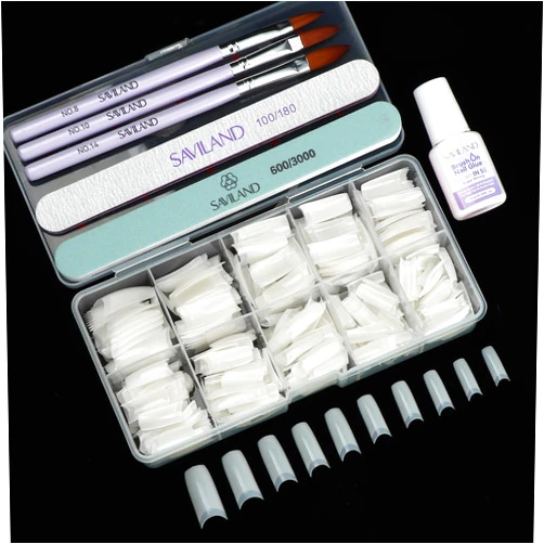 SAVILAND Acrylic Nail Tips with Glue: Half Cover False Nail Tips 10 Sizes for Acrylic Nails Professional French Tips and Acrylic Nail Brush 8/10/14 Fast-Dry Nail Glue & Acrylic Nail Stater Kit Natural