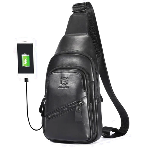 BULLCAPTAIN Leather Sling Chest Bag for Men Outdoor Hiking Travel Crossbody Bag Backpack with USB Charging Port