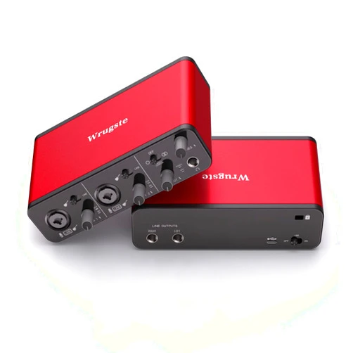 Wrugste 2i2 USB Audio Interface(24Bit/192kHz)+48V Phantom Power for Recording Podcasting and Streaming,Ultra-low Latency,Plug and Play,Noise-Free,Red Color XLR Audio Interface,No Software Included
