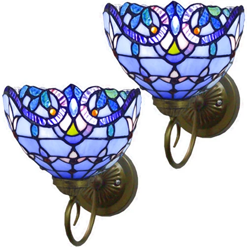 Fiunkes Tiffany Wall Lamp Sconce Light Fixtures Set of Two, Wall Amout Lamp, 8 in Hand-Made Baroque Stained Glass Shade LED Wall Lights for Bedroom Living Room Hallway Kitchen,Blue,2PCS