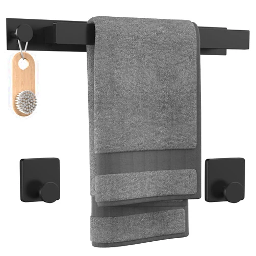 Tuuzel Towel Bars 304 Stainless Steel Towel Holder Self Adhesive Towel Rack with 2-Pieces Hook for Kitchen and Bathroom Accessory Kit-No Drilling (Black, 15.5 INches)