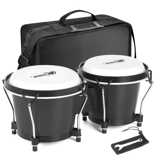 lotmusic Bongo Drums 6” and 7”, Black Wooden Percussion Instrument Bongos for Kids Adults Beginners,Hand Drum with Carry Bag and Tuning Wrench for Education and Practice