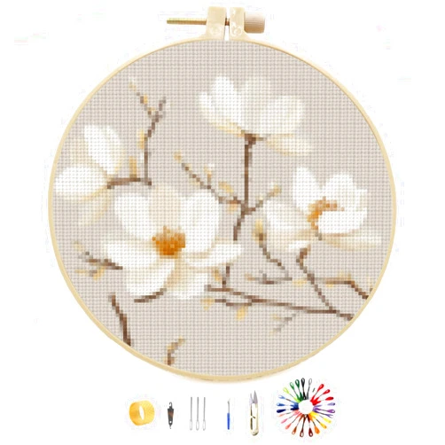 Generic DIY Stamped Cross Stitch Kits Magnolia Flowers Easy for Beginners with Hoop 11CT Counted Embroidery Needlepoint Crafts Arts for Handmade Enthusiasts and Home Decor 30x30cm(1)