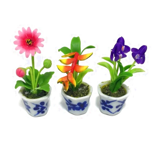 Mr_air_thai_Miniature Cactus and Flower 3pc Miniature Flower Clay Dollhouse Fairy Garden Mini Plant Trees Ceramic Paint Furniture Bundles Artificial Flowers Tiny Orchid #088
