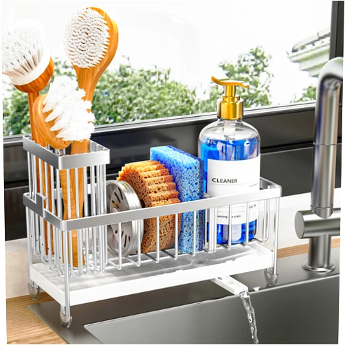 Cisily Sponge Holder for Kitchen Sink, Sink Caddy Organizer with High Brush Holder, Kitchen Countertop Organizers and Storage Essentials, Rustproof 304 Stainless Steel (Silver, 9.25″)