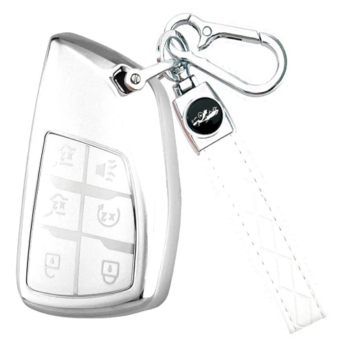 Joouheax for Chevy Key Fob Cover with Keychain, Soft TPU Full Protection Car Key Case Compatible with Chevy 2021 2022 2023 2024 2025 Tahoe Sierra Suburban GMC Yukon Denali Silverado, 6 Buttons, Silver