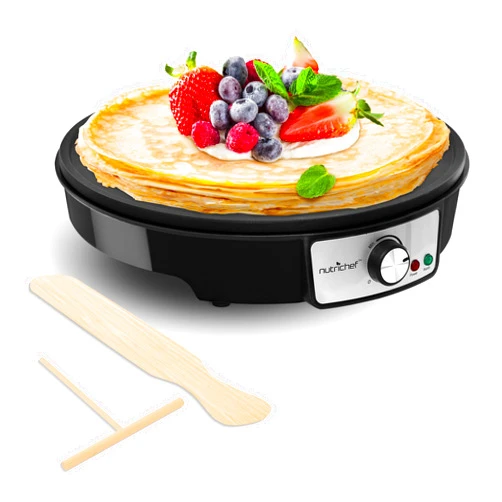 Nutrichef Electric Crepe Maker & Griddle Cooktop - Nonstick 12 Inch Aluminum Hot Plate with LED Indicator Lights & Adjustable Temperature Control - Wooden Spatula & Batter Spreader Included