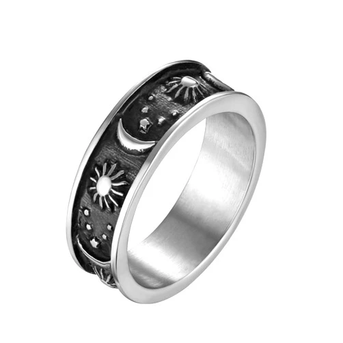 HZMAN 8mm Moon Star Sun Statement Ring Stainless Steel Boho Jewelry for Women Men
