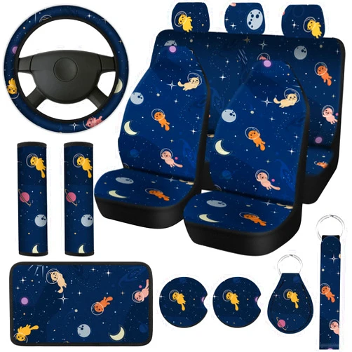 Fiada 15 Pcs Car Seat Covers Full Set Car Accessories Seat Covers Steering Wheel Cover Seat Belt Pads Armrest Pad Cup Holders Keychain for Most Truck SUV(Cat)