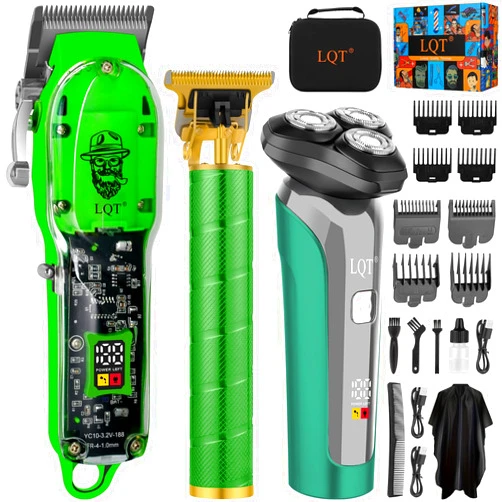 LQT Professional Cordless Hair Clippers and Beard Trimmer Kit for Men, USB Rechargeable Hair Cutting Machine with 3D Floating Shaver, LED Display, Transparent Design, Grooming Gift Set, Home & Barber