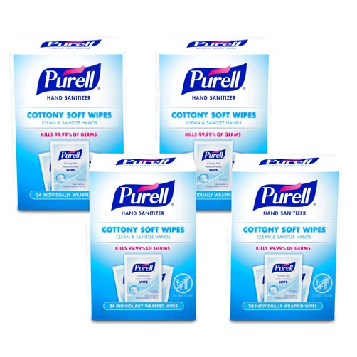 PURELL Cottony Soft Hand Sanitizing Wipes, Clean Scent, 24 Individually Wrapped Wipes (Pack of 4 Boxes) – 9029-04-CMR