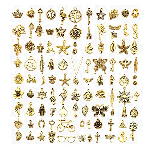Generic Dstertech 100 PCS Vintage Gold Color Charms Collection - Alloy Metal Pendants for Necklace, Bracelet, Craft Jewelry Making DIY Findings