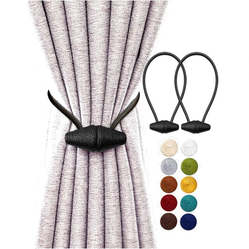 TECVINCI Magnetic Curtain Tiebacks with Upgrade Larger Magnet, 2 Pack 16 Inch Drapery Holdbacks for Indoor & Outdoor Curtain - Black