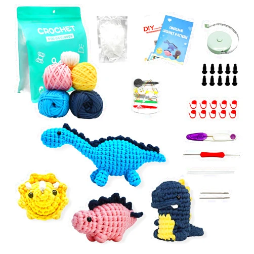 Uongeod Crochet Kit for Beginners DIY Knitting Kits of Four Kinds Dinosaur Amigurumi Crochet Kit with Step-by-Step Video Tutorials for Kids and Adults