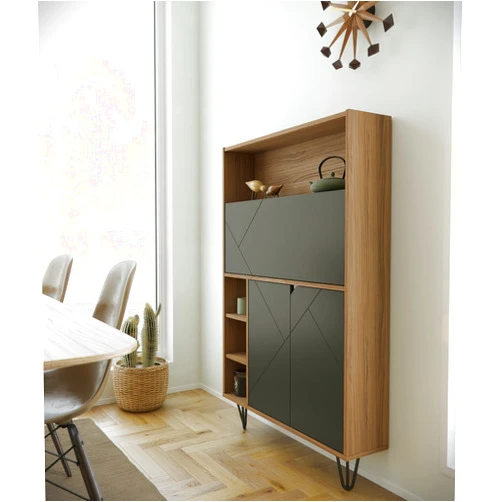Nexera 611057 Slim Bar Cabinet, Secretary Bookcase Desk with Storage, Nutmeg & Charcoal Grey