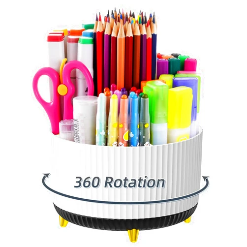 Marbrasse Desk Organizer, 360-Degree Rotating Pen Holder for Desk, Desk Organizers and Accessories with 5 Compartments Pencil Organizer, Art Supply Storage Box Caddy for Office, Home (White+Black)