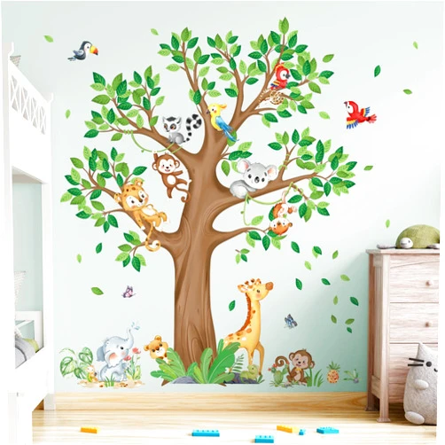 decalmile Large Jungle Animal Tree Wall Decals Giraffe Koala Leopard Safari Wall Stickers Baby Nursery Kids Bedroom Toddler Room Wall Decor