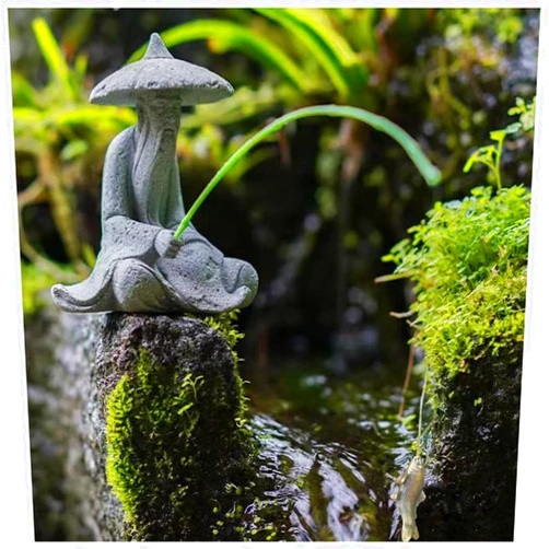 livelyfish Mini Fisherman Statue Asian Zen Decoration Sitting Fishing Figurines Sandstone Vintage Ornament for Aquarium Fish Tank Pot Garden Home Japanese Decor,D
