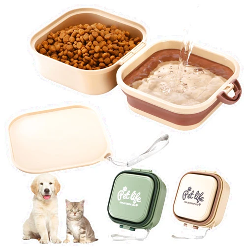 Mezchi Set of 2 Small Dog Travel Bowl, Collapsible Dog Water Bowl, 2-in-1 Portable Cat Food and Water Feeder with Lid for Walking, Camping, Hiking (Green/Beige)