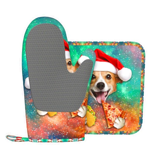 Indokyeyqaz Funny Dog Eating Pizza Oven Mitts and Pot Holders Sets, Home Silicone Heat Resistant BBQ Gloves for Kitchen Baking Cooking Grilling Microwave