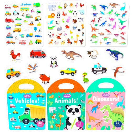 MIKNEKE 3 Pack Portable Jelly Sticker Quiet Book for Kids, Reusable Sticker Book for Toddlers, Preschool Learning Activities Learning & Education Toys, Animal Dinosaur Vehicle Travel Toys