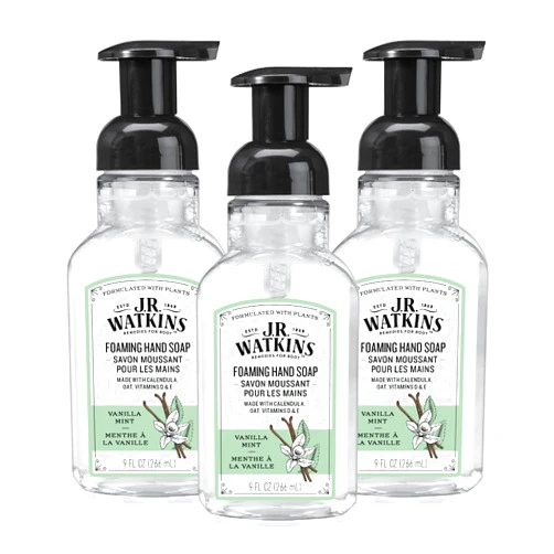 J.R. Watkins Foaming Hand Soap Pump with Dispenser, Moisturizing All Natural Hand Soap Foam, Alcohol-Free, Cruelty-Free, Use for Kitchen or Bathroom, Vanilla Mint, 9 fl oz, 3 Pack