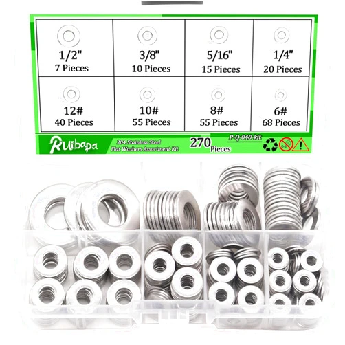 Ruibapa 270 PCS 304 Stainless Steel Flat Washers Assortment Kit 8 Size-1/2 3/8 5/16 1/4 12# 10# 8# 6#
