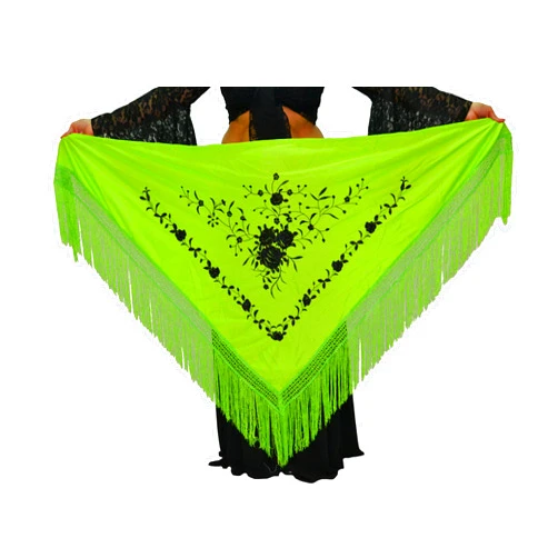 AMINA Medium Peak Shawl Triangular Flamingo or Sevillanas (170 x 70 cm) Green Embroidered Flowers Black