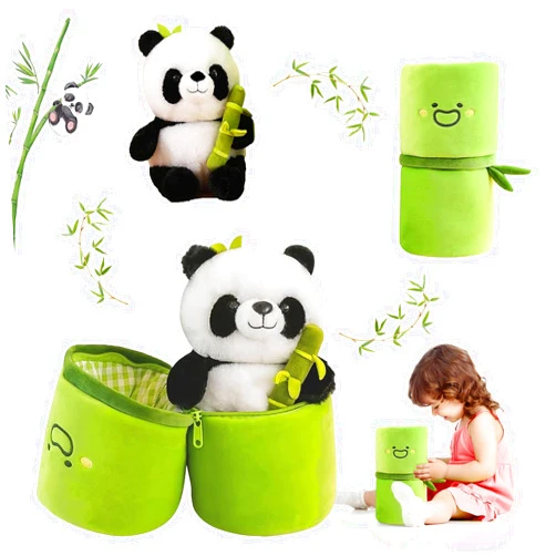 Emoin Panda Stuffed Animals Panda Bamboo Plush Toy 11.8 Inch Bamboo Tube Panda Pillow Stuffed Panda Bear Plushies Panda Doll Gifts for Boys Girls