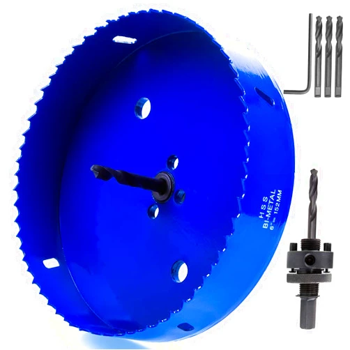 ASelected 6 inch 152 mm Hole Saw Blade for Cornhole Boards/Corn Hole Drilling Cutter & Hex Shank Drill Bit Adapter for Cornhole Game/Carbon Steel & BI-Metal Heavy Duty Steel (Blue)