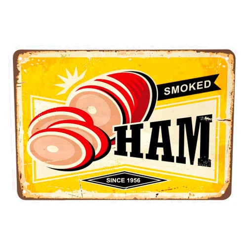 AOYEGO Ham Tin Sign,Smoked Meat Meal Chop Cooking Delicious Restaurant Vintage Metal Tin Signs for Cafes Bars Pubs Shop Wall Decorative Funny Retro Signs for Men Women 8x12 Inch