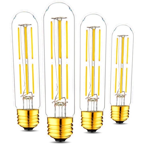 Grensk Tubular LED Light Bulbs 60 Watt,T10 E26 Tube Light Bulbs Dimmable 6W,Warm White 2700k Vintage Edison LED Filament Bulbs,600 Lumens 4.96inch Type T Bulb,Free-Flicker,4-Pack